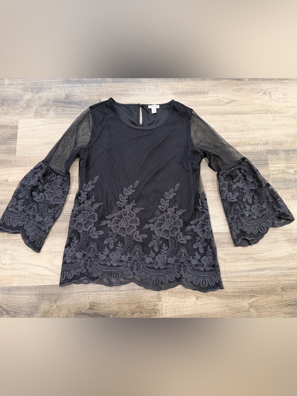 Tribal Jeans Black Floral Embroidered Mesh Blouse